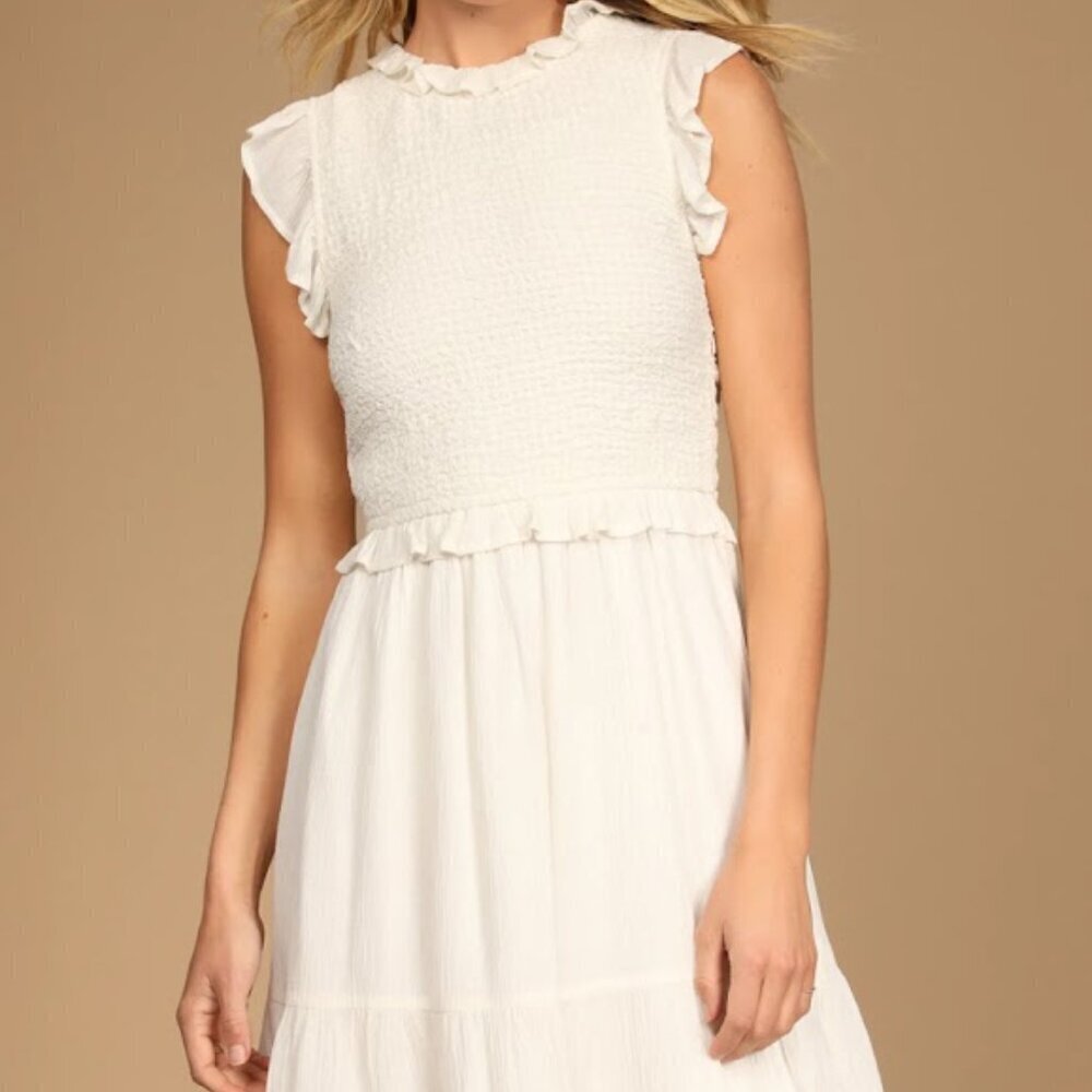 Lulu's Afternoons Uptown White Ruffled Smocked Crew Neck Mini Dress